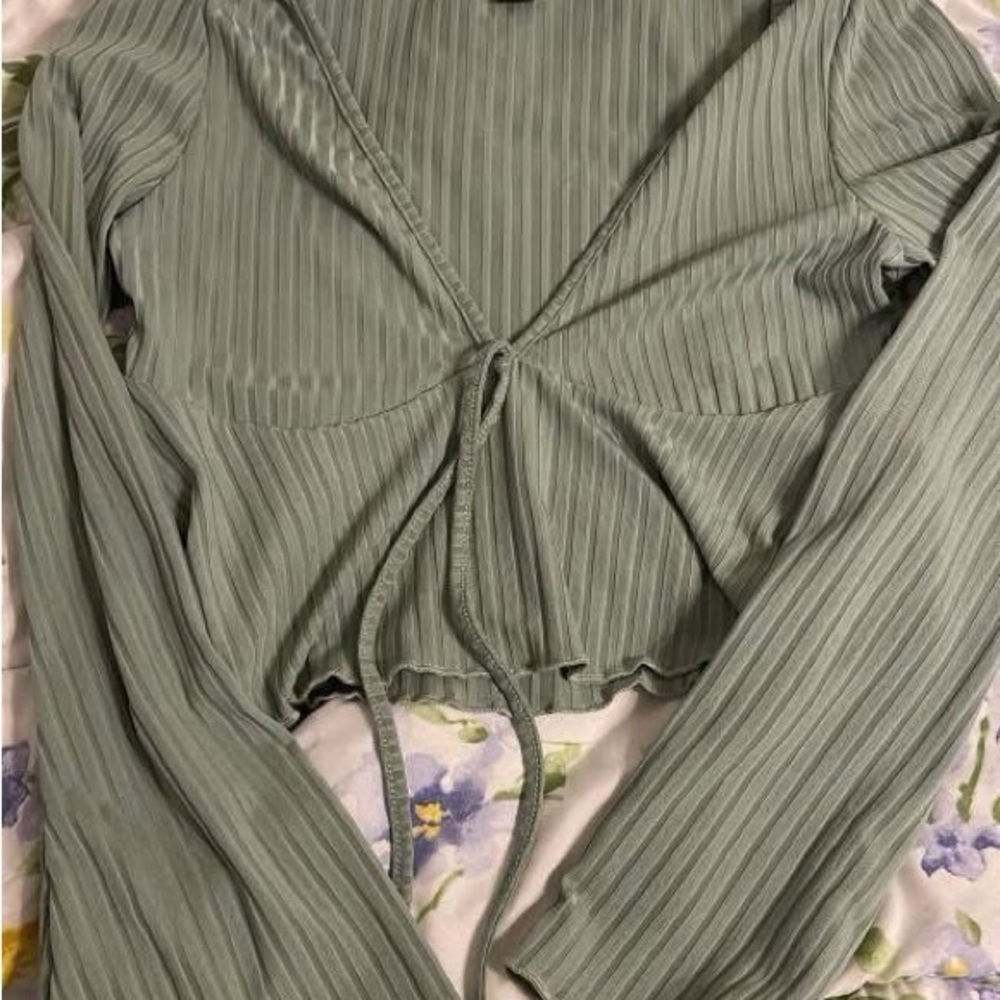 SHEIN Ribbed Tie-Front Blouse - Sage Green